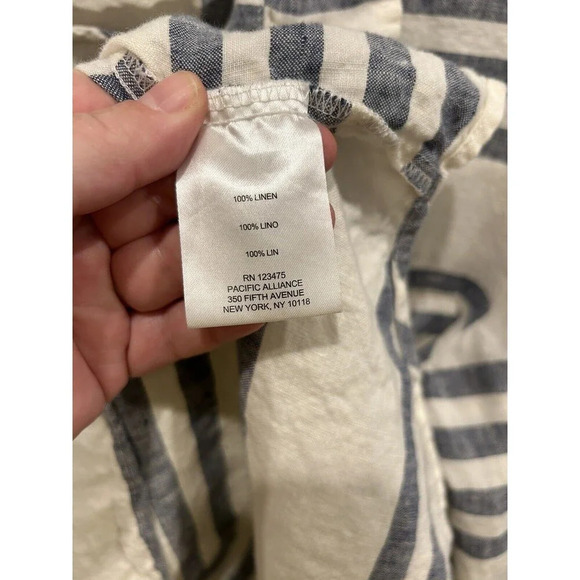 Ellen Tracy Button Popover Blouse Womens  100% Linen Blue White Striped Large - Picture 6 of 7